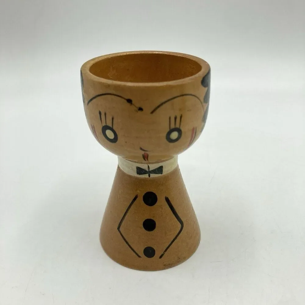 2 Vintage Wooden Japan Hand Painted Egg Cups His & Hers Mr & Mrs Folk Art Style